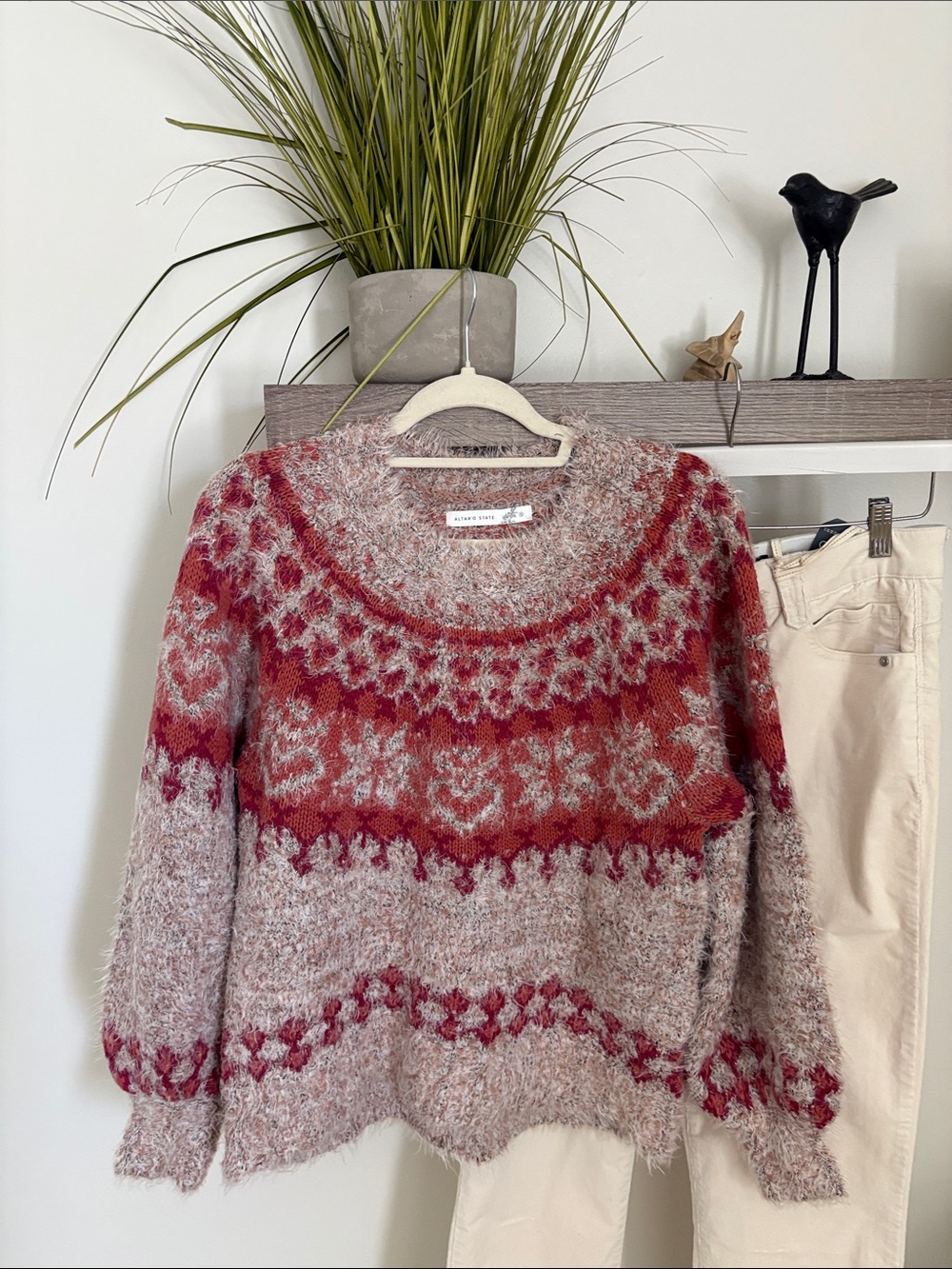 Altar'd State Red and Cream Mohair-Blend Fair Isle crewneck Sweater